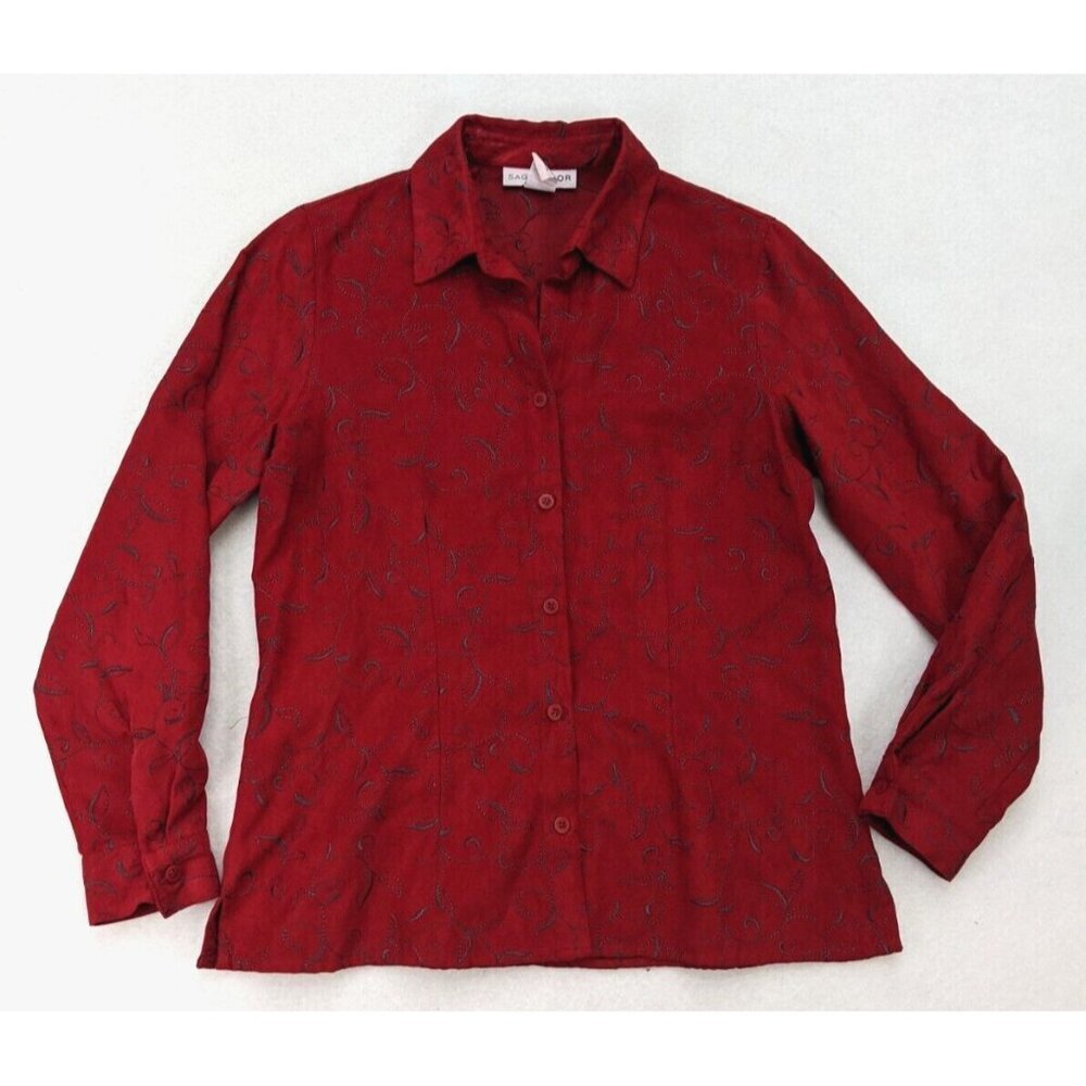 Sag Harbor Women's Top Size Small Red Soft Microfiber Embroidered Long Sleeve